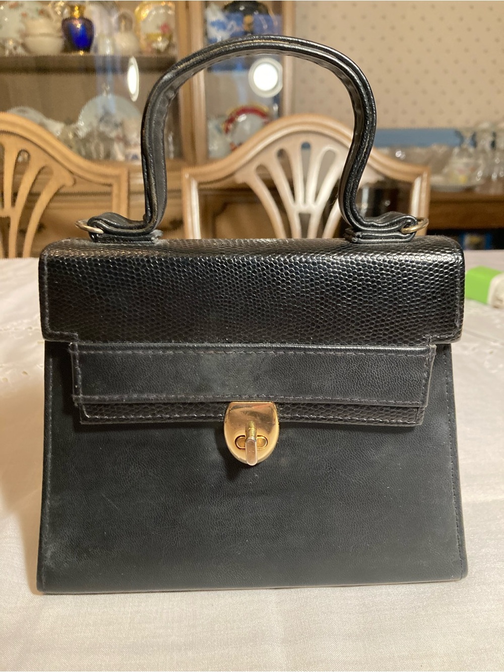 Vintage Mid-Century Black Leather Top-Handle Shoulder Bag with Gold-Tone Lock